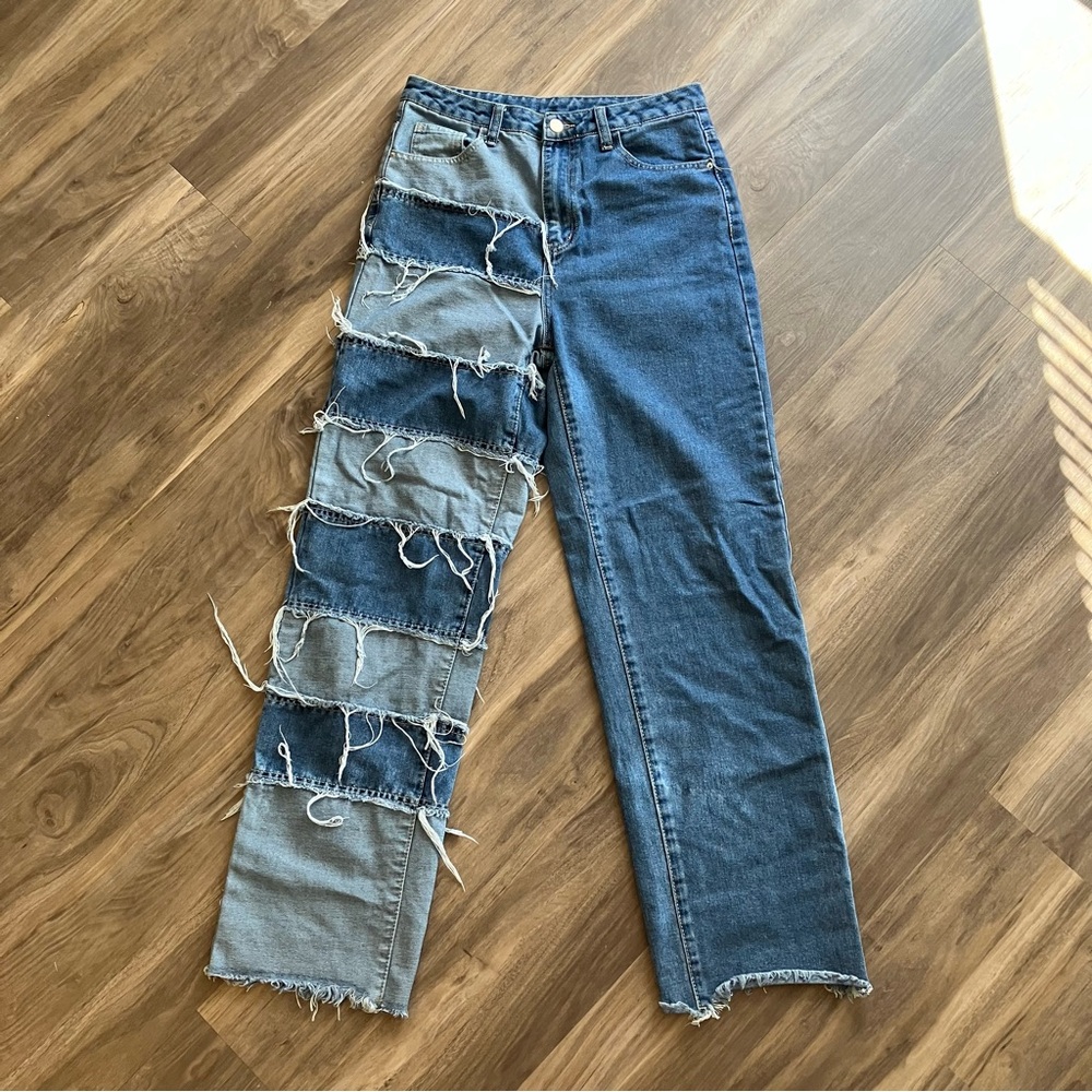 NEW RARE DISTRESSED PATCH COLORBLOCK JEANS - Picture 2 of 15